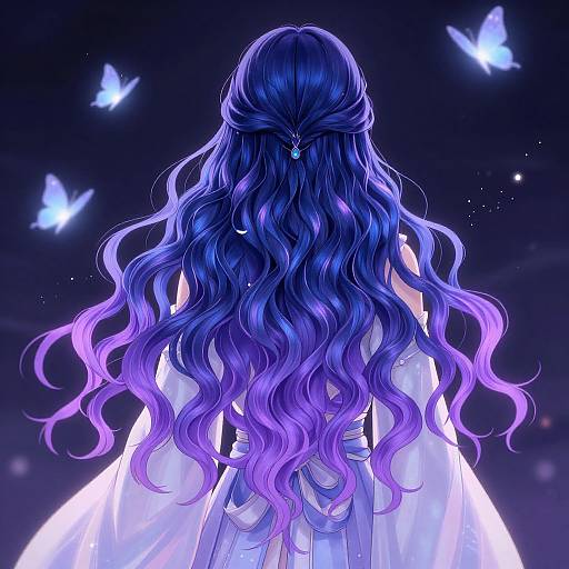 Digital anime-style artwork of a woman with long, wavy, blue-to-purple hair, back view, wearing a white dress, surrounded by glowing blue