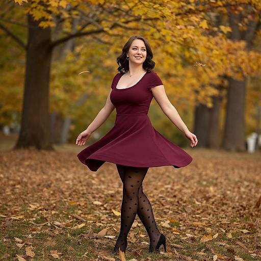 Photograph of a smiling woman with fair skin and dark brown hair, wearing a maroon dress, black polka dot tights, and black heels