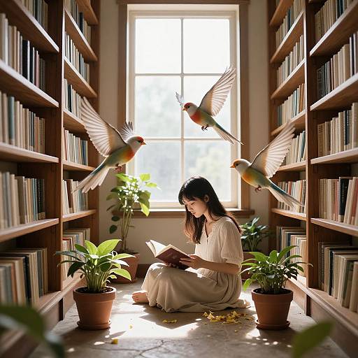 Photograph of a woman in a white dress, reading in a sunlit library aisle, with two birds flying above her.