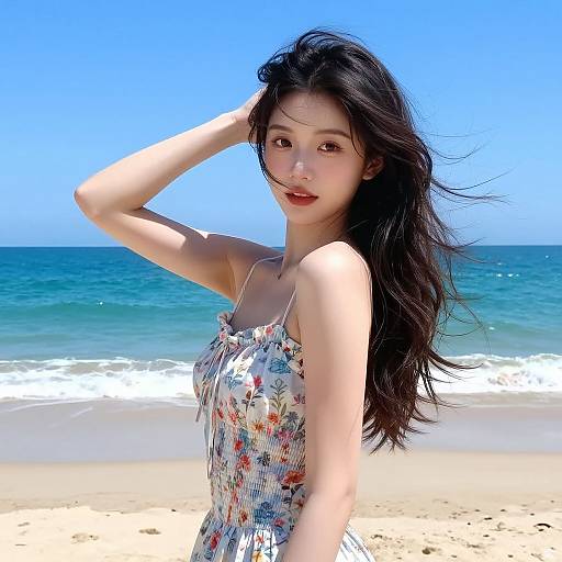 Photograph of an Asian woman with long black hair, wearing a floral sundress, standing on a sunny beach with turquoise ocean and blue sky background,