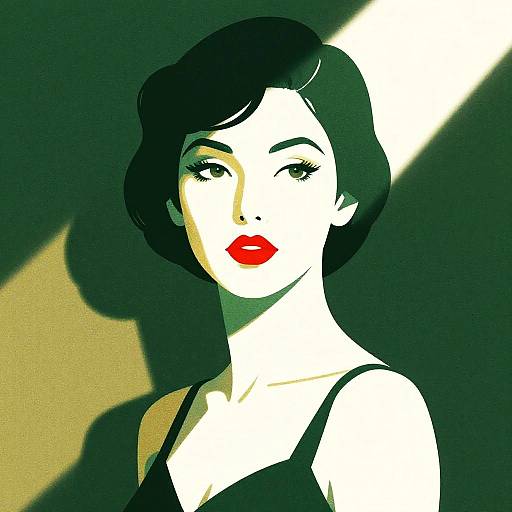 Digital pop art portrait of a woman with short black hair, red lips, and black tank top, illuminated by strong light.