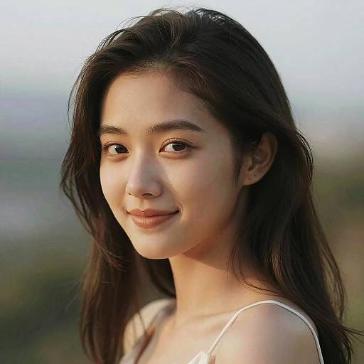 Photograph of an Asian woman with long black hair, light skin, and brown eyes, smiling softly, wearing a white top, against a blurred outdoor