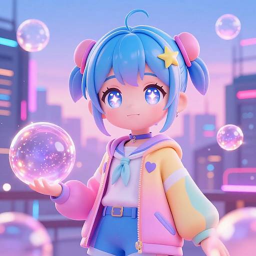 Digital anime-style drawing of a cute blue-haired girl with star hairpin, wearing pink and yellow hoodie, holding a glowing bubble, neon cityscape background