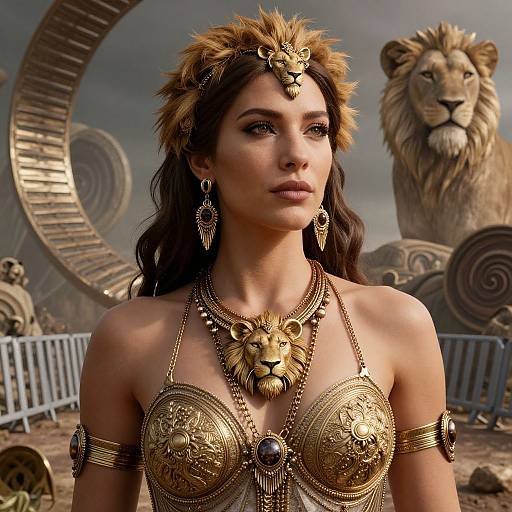 Digital art of a regal woman with lion head crown, gold lion-embellished armor, and intricate jewelry, standing before a massive lion statue
