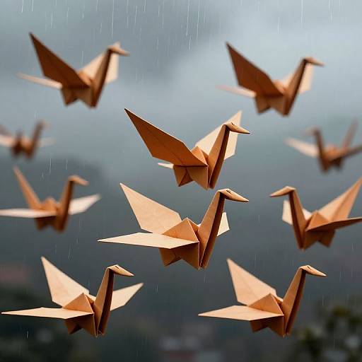 Majestic Origami Cranes in Rain