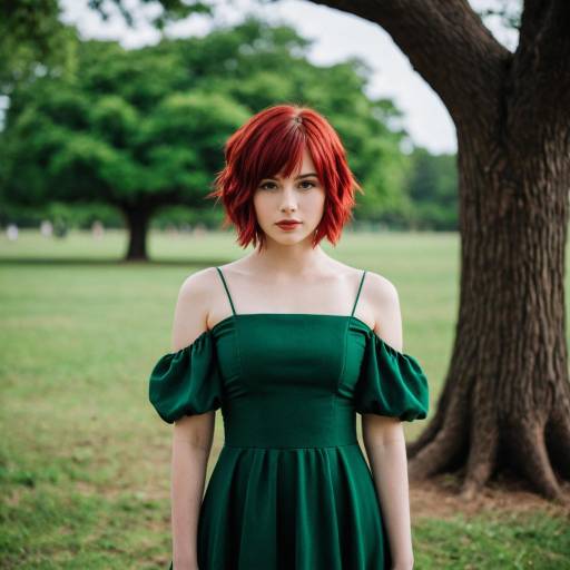 Red Haired Woman in Green Dress Outdoors