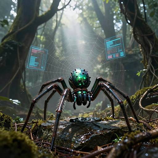 Digital artwork of a futuristic spider with glowing green head and blue holographic screens, set in a dense, sunlit forest.