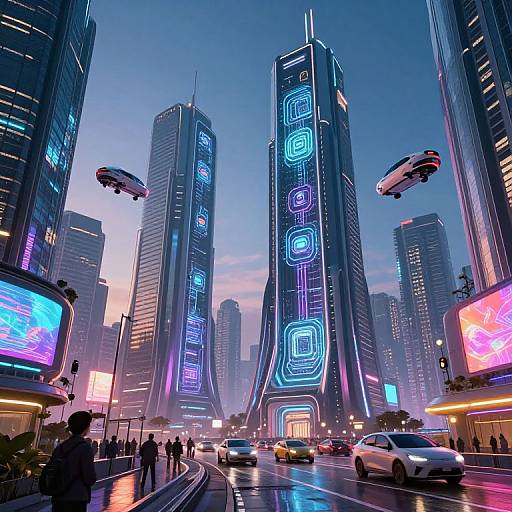 Neon-lit futuristic cityscape at dusk with towering skyscrapers, glowing blue and pink signs, flying cars, and bustling street traffic.
