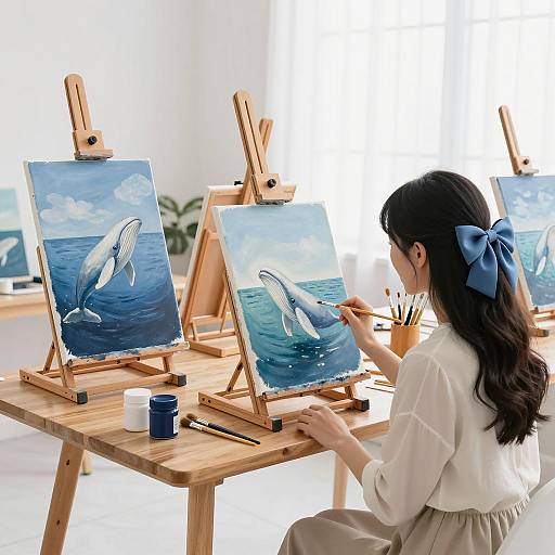 Asian Woman Painting Ocean Scene in Art Class