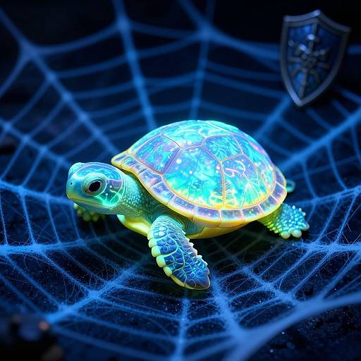 Glowing blue-green turtle on a neon spiderweb with a shield in the background, digital art with vibrant neon effects.