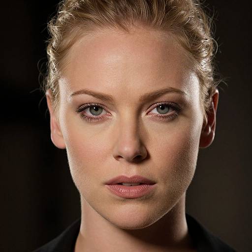 Close-up photograph of a fair-skinned, blonde woman with blue eyes and subtle makeup, set against a dark background. Her expression is serious and direct