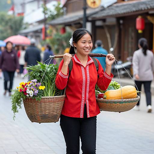 Photograph of an Asian woman in a red blouse and black pants, smiling while carrying two baskets with flowers and a pumpkin on a busy, rainy street