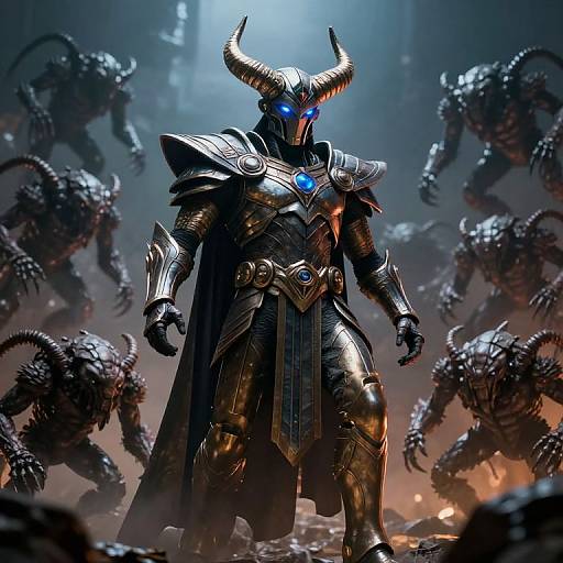 Digital art of a glowing blue-eyed, horned armored warrior standing amidst dark, menacing creatures in a fiery, smoke-filled battlefield.