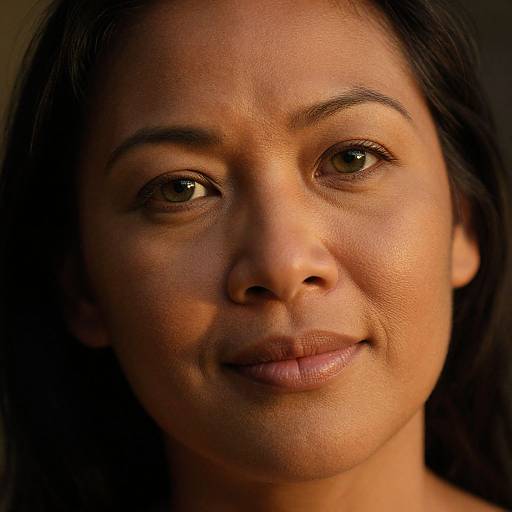 Close-up photograph of a smiling young woman with medium brown skin, dark brown eyes, and straight black hair, softly lit, against a dark background.