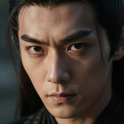 Close-up photograph of an intense Asian man with dark hair, thick eyebrows, and serious expression, bathed in shadowy light.