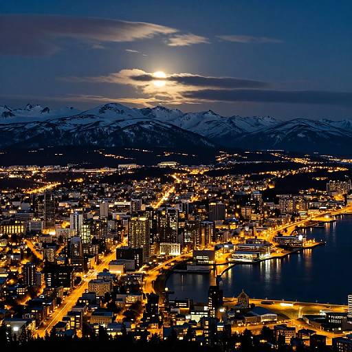 Nighttime aerial photograph of a city with glowing streets, illuminated by streetlights and buildings, set against a backdrop of snow-capped mountains under a partially