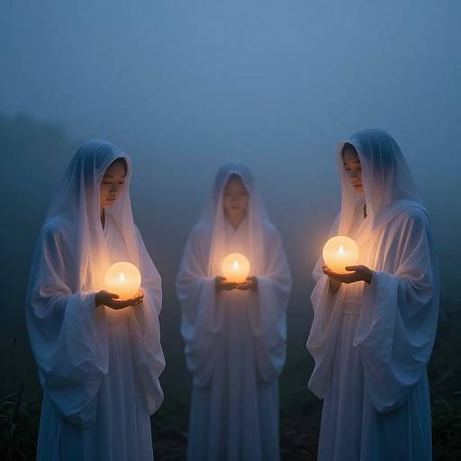 Photograph of three women in white hooded robes holding glowing orbs, standing in a foggy, blue-lit outdoor setting.