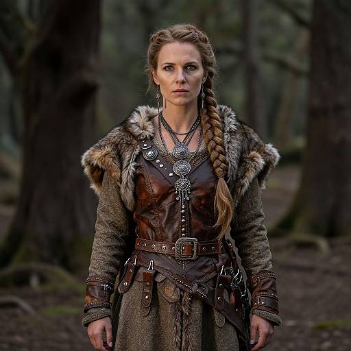 Photograph of a serious-looking woman with braided brown hair, wearing a fur-trimmed leather and wool medieval forest outfit, standing in a dark