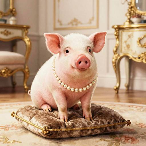Photorealistic CGI of a pink piglet wearing a pearl necklace, sitting on a luxurious, embroidered cushion in an elegant, golden-trimmed room