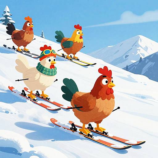 Skiing Chickens on Snowy Slopes