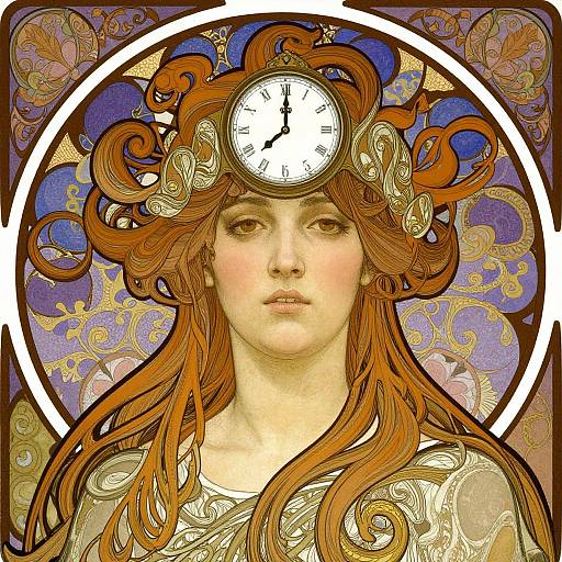 Art Nouveau-style digital illustration of a fair-skinned woman with flowing red hair, wearing an ornate clock as a headpiece, set against a