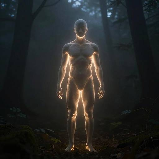 CGI image of a glowing, bald, muscular, nude male figure standing in a dark, misty forest, with bright orange light highlighting his body