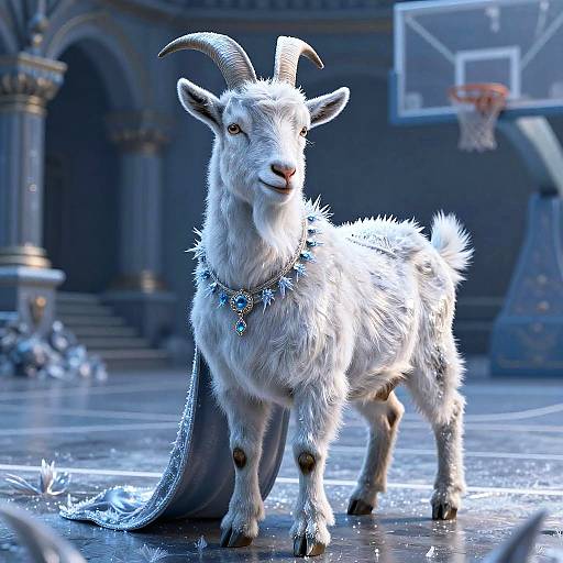 Icy Goat with Frost-Encrusted Cape on Basketball Court