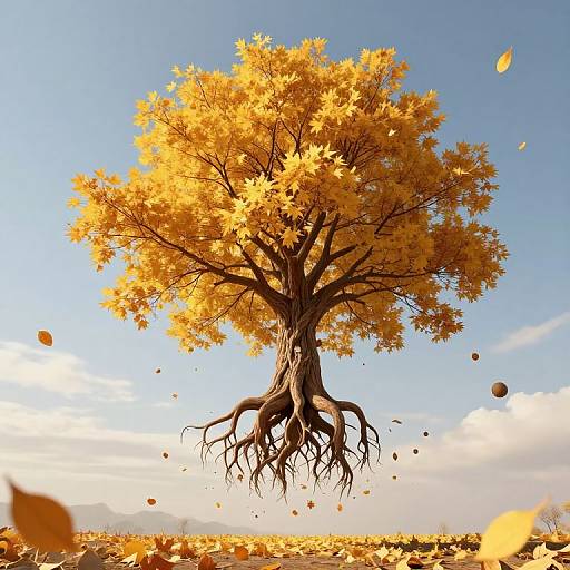 Photograph of a vibrant, golden-leaved tree with exposed roots floating above an autumnal field, with leaves drifting in the clear blue sky.