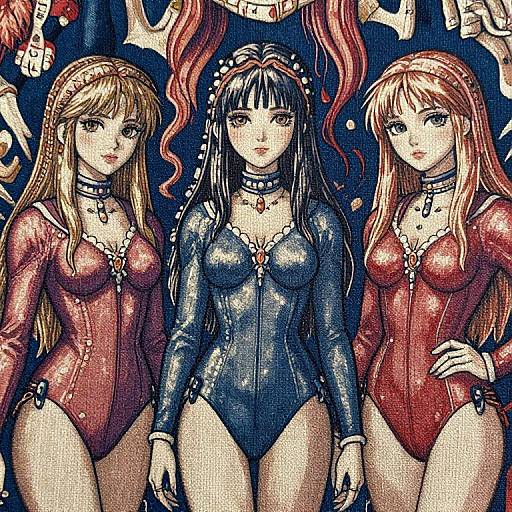 Digital anime-style drawing of three women in shiny, form-fitting, long-sleeve bodysuits with chokers, standing against a dark,