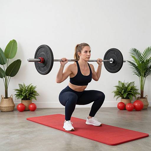 Photograph of a fit woman with blonde ponytail, black sports bra, and leggings, squatting on a red mat, lifting a barbell in