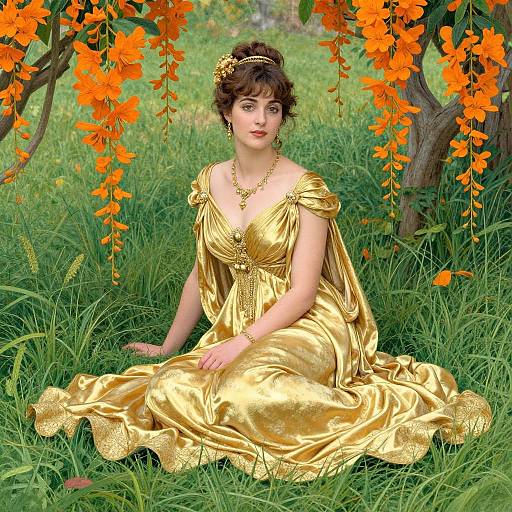 Photorealistic CGI of a fair-skinned woman with dark curly hair in a gold, off-shoulder dress, sitting in lush green grass under
