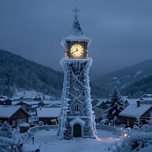 Ethereal Frost-Kissed Clock Tower