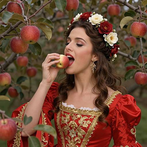 Photograph of a fair-skinned woman with wavy brown hair, wearing a red and gold embroidered dress, flower crown, and gold earrings, biting