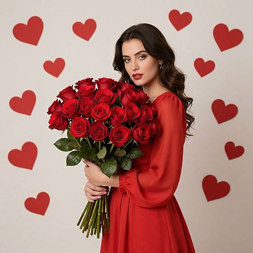 Photograph of a fair-skinned woman with long dark hair in a red dress, holding a bouquet of red roses, against a white background with red