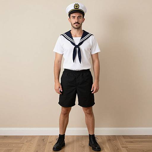Photograph of a bearded man in a white sailor uniform with black shorts and hat, standing against a beige wall.