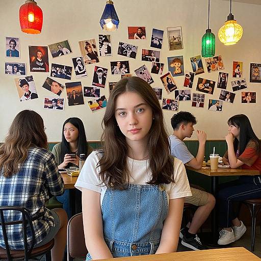 Photograph of a young woman with long brown hair in a denim dress, sitting in a cozy cafe with colorful photo collage on the wall, and other