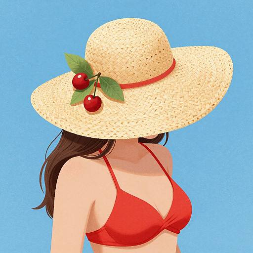Digital illustration of a woman in a red bikini and wide-brimmed straw hat adorned with cherries and green leaves, set against a bright blue background