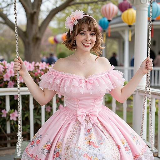 Photograph of a smiling young woman with brown hair, pink off-shoulder floral dress, flower headband, sitting on a swing, colorful balloons