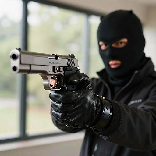 Masked Person Pointing Silver Handgun