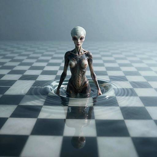 Digital CGI of a bald, pale-skinned alien woman with black, wet, checkered-patterned skin, standing waist-deep in water on a