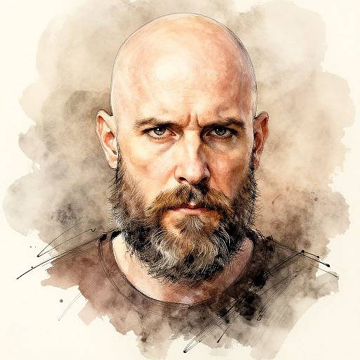 Watercolor Ink Portrait of Bald Man