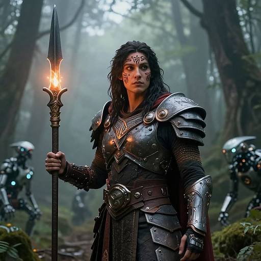 Digital artwork of a dark-haired warrior with tribal face paint, holding a flaming spear, in forest armor, surrounded by glowing robotic figures.