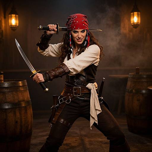 Photograph of a fierce female pirate with long brown hair, red bandana, white shirt, and black leather vest, wielding swords in a dimly