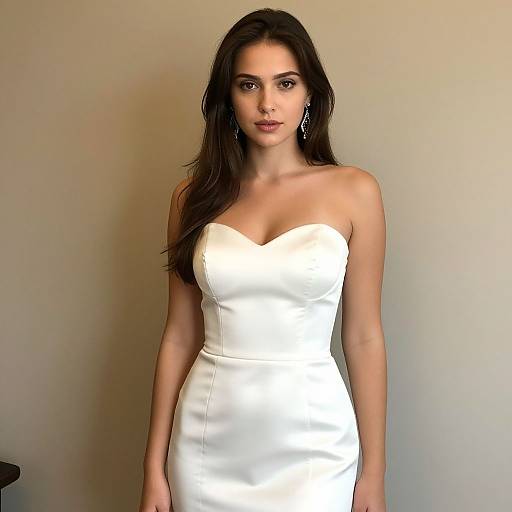 Photograph of a young woman with long brown hair, wearing a strapless white dress with a sweetheart neckline, standing against a plain beige wall.