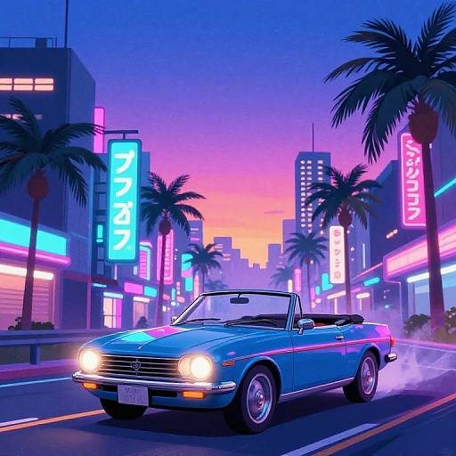 Neon-lit city street at sunset, vivid blue convertible with headlights on, palm trees, glowing Japanese signs, futuristic urban vibe.