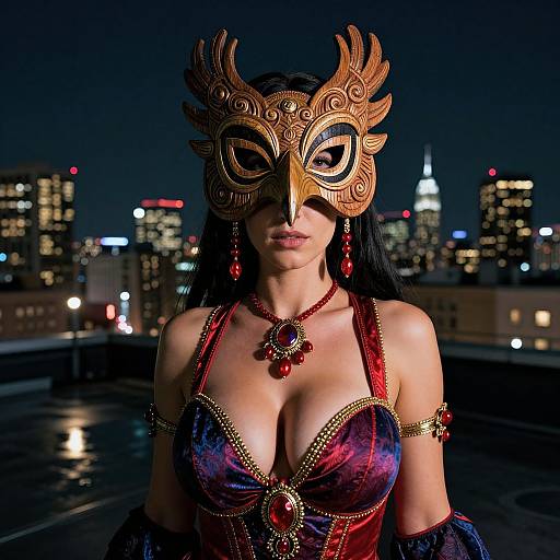 Photograph of a woman with large, ornate gold owl mask, deep cleavage in a red and blue corset, city skyline at night background