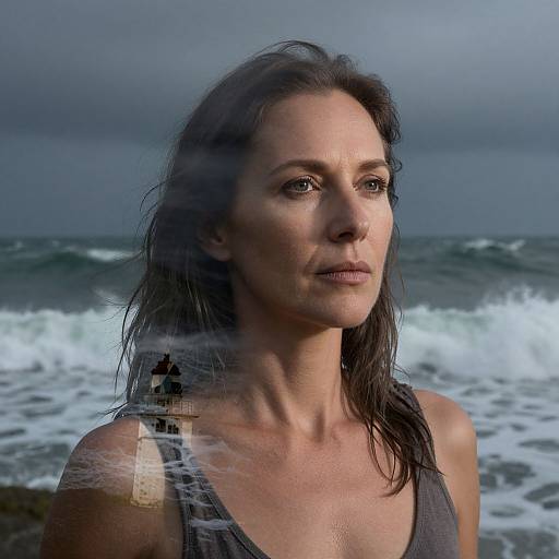 Photograph of a wet, serious-looking woman with dark brown hair, wearing a gray tank top, standing on a rocky beach with ocean waves in the