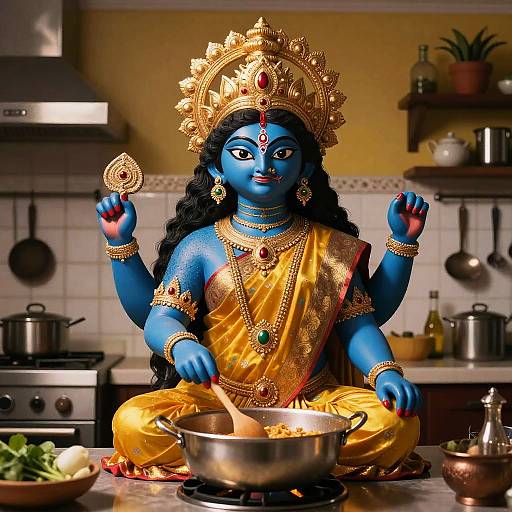 Photograph of a blue-skinned, four-armed Hindu goddess with a golden crown, yellow sari, and ornate jewelry, cooking in a