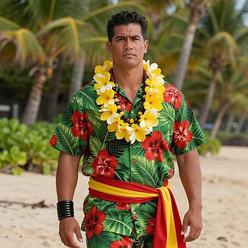 Handsome Man in Hawaiian Outfit at Beach