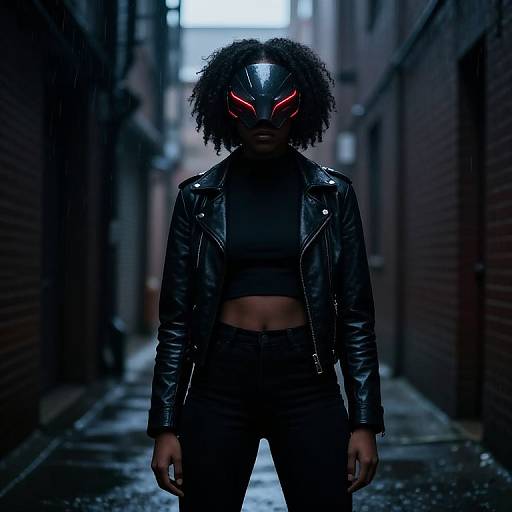 Cyberpunk-style photograph of a dark-skinned woman with curly hair, glowing red eyes, black leather jacket, crop top, and high-wa